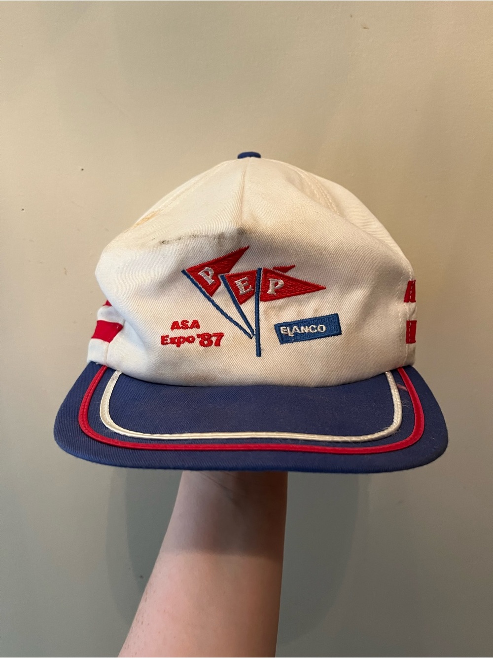 Vintage 1987 PEP Elanco ASA Expo red white and blue SnapBack